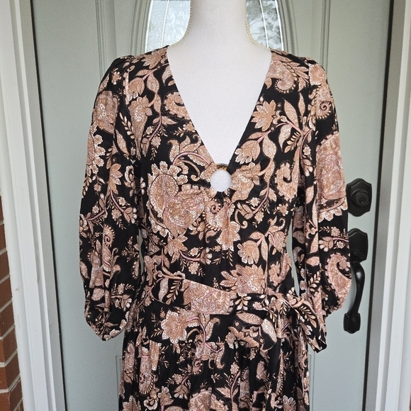 Anthropologie KIVARI V-Neck Puff Sleeve Linen Midi Dress - Picture 6 of 12